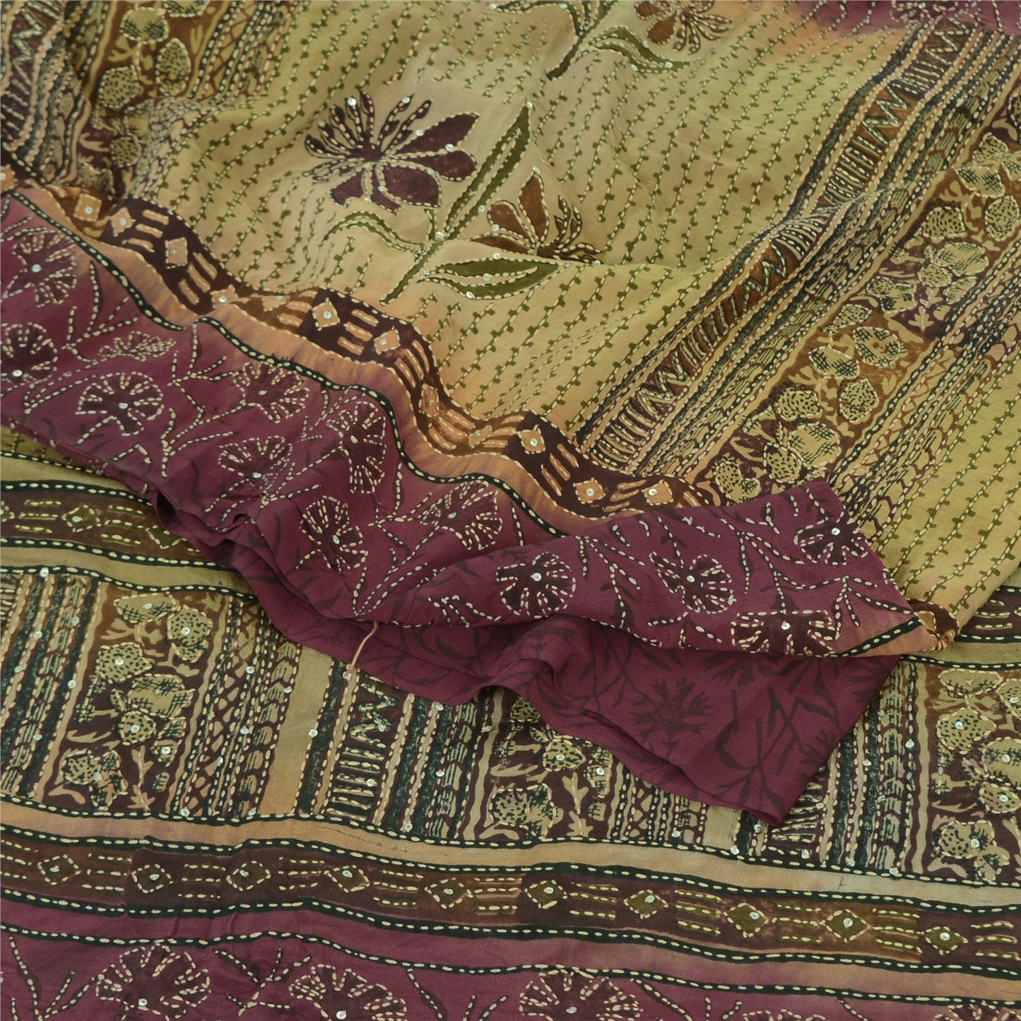 Sanskriti Vintage Sarees Handmade Kantha Wine/Cream Pure Crepe Print Sari Fabric