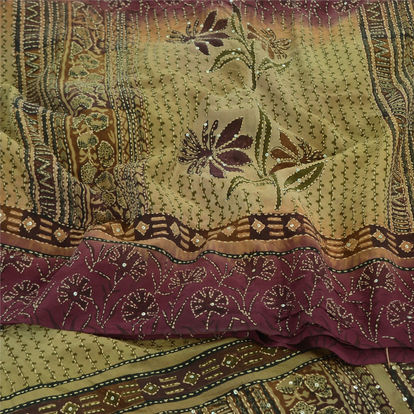 Sanskriti Vintage Sarees Handmade Kantha Wine/Cream Pure Crepe Print Sari Fabric