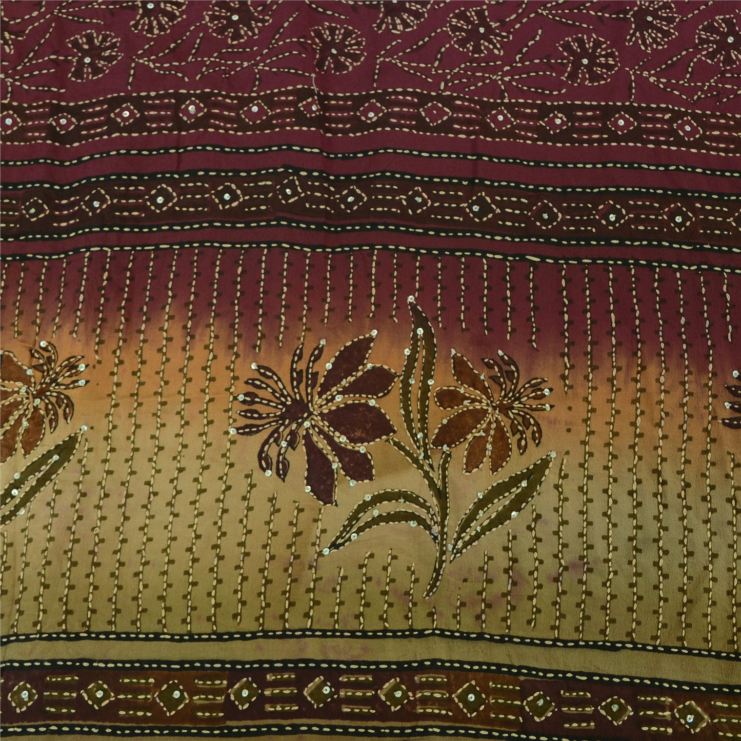 Sanskriti Vintage Sarees Handmade Kantha Wine/Cream Pure Crepe Print Sari Fabric