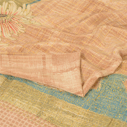 Sanskriti Vintage Sarees Peach 100% Pure Crepe Silk Print Sari 5yd Craft Fabric