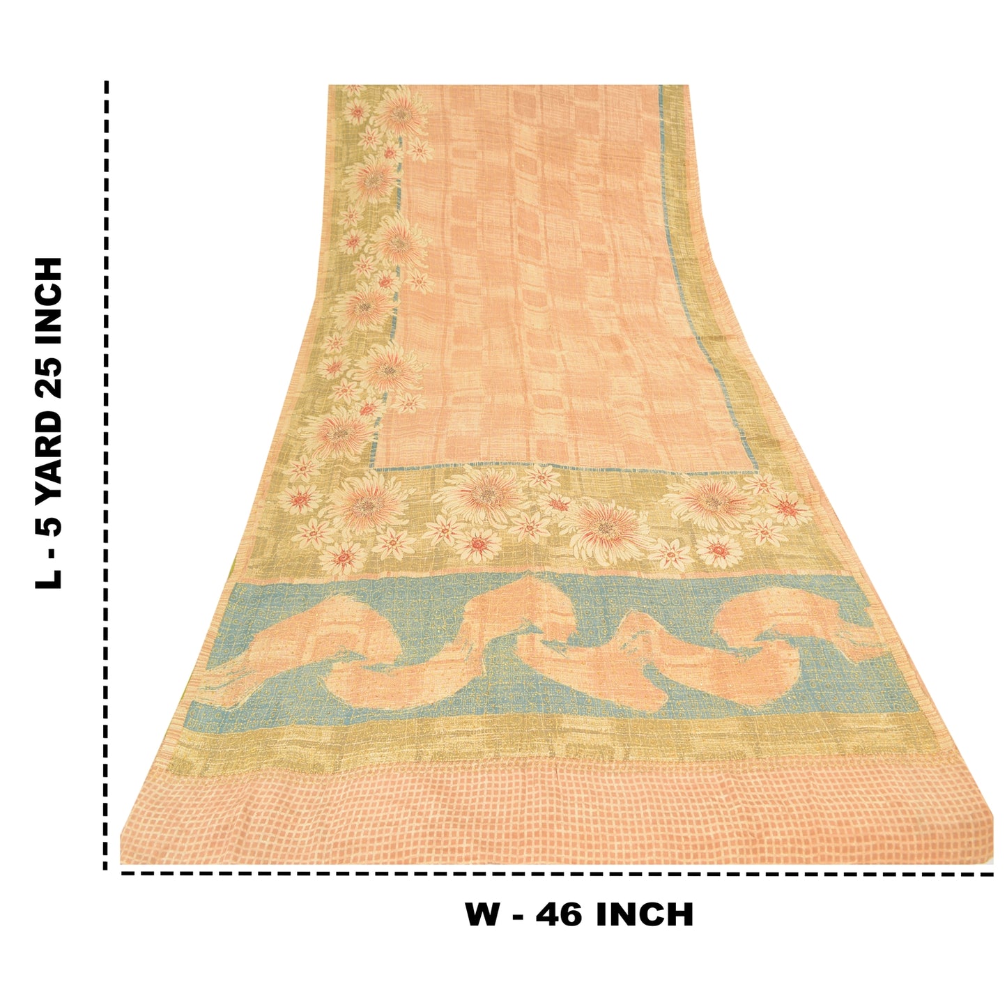 Sanskriti Vintage Sarees Peach 100% Pure Crepe Silk Print Sari 5yd Craft Fabric