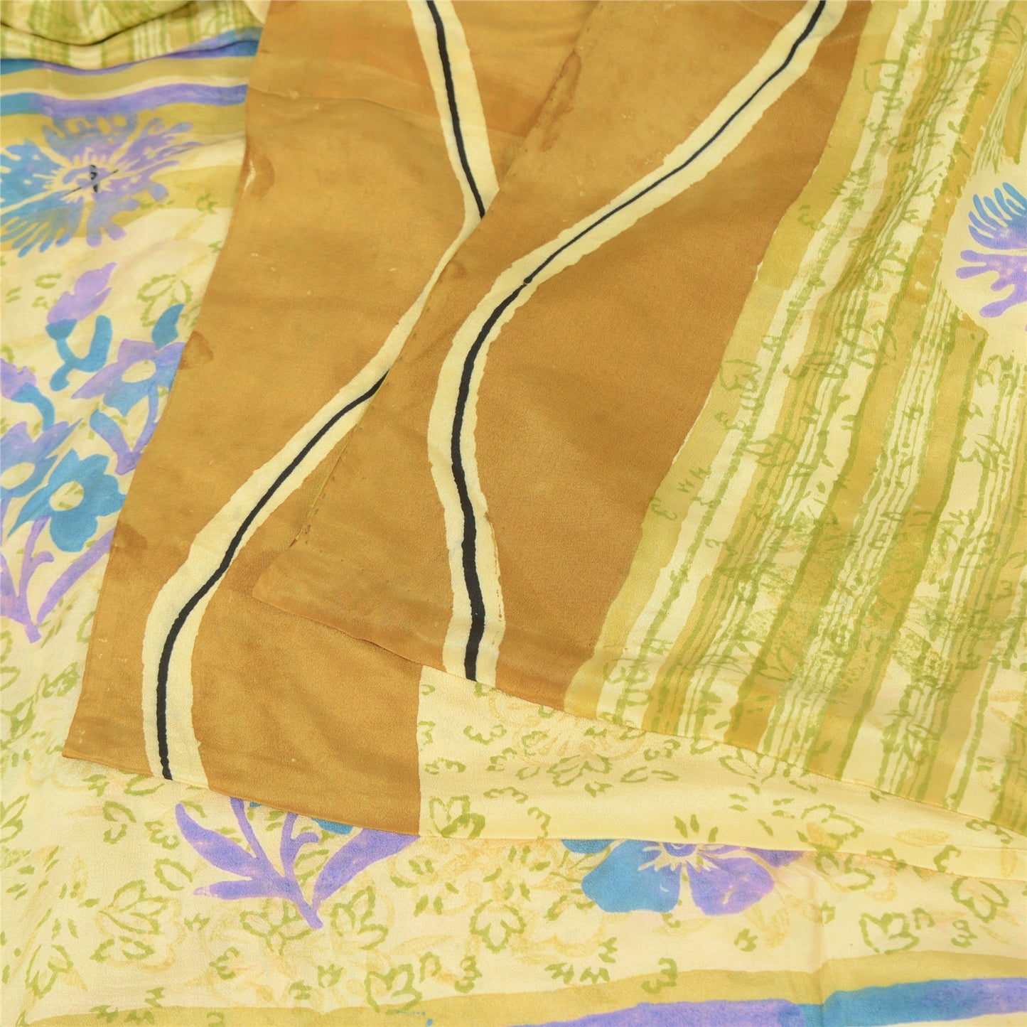 Sanskriti Vintage Sarees Lemon Pure Crepe Silk Printed Sari 5yd Craft Fabric