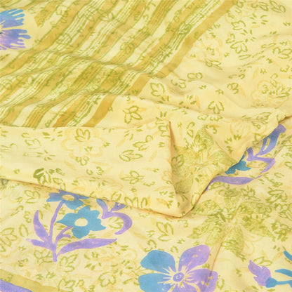 Sanskriti Vintage Sarees Lemon Pure Crepe Silk Printed Sari 5yd Craft Fabric