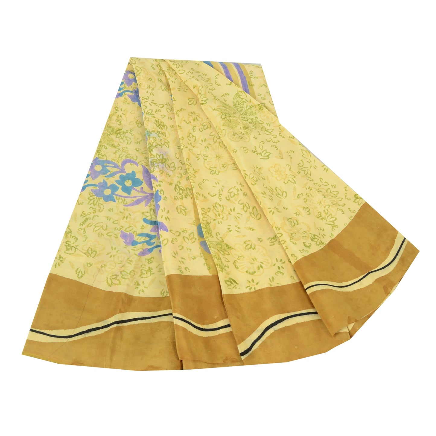 Sanskriti Vintage Sarees Lemon Pure Crepe Silk Printed Sari 5yd Craft Fabric