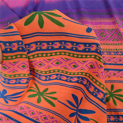 Sanskriti Vintage Sarees Peach/Purple Pure Crepe Silk Printed Sari Craft Fabric