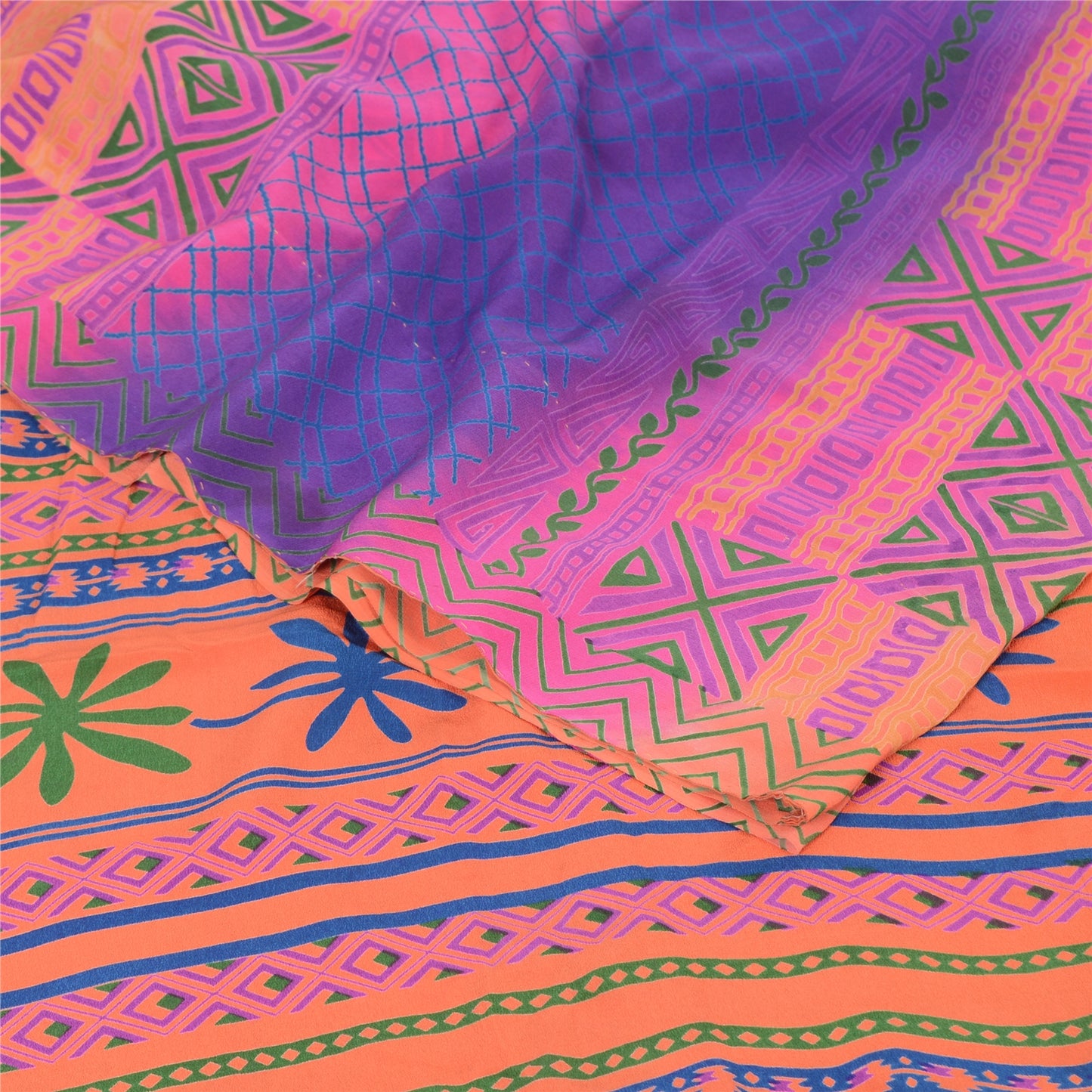 Sanskriti Vintage Sarees Peach/Purple Pure Crepe Silk Printed Sari Craft Fabric