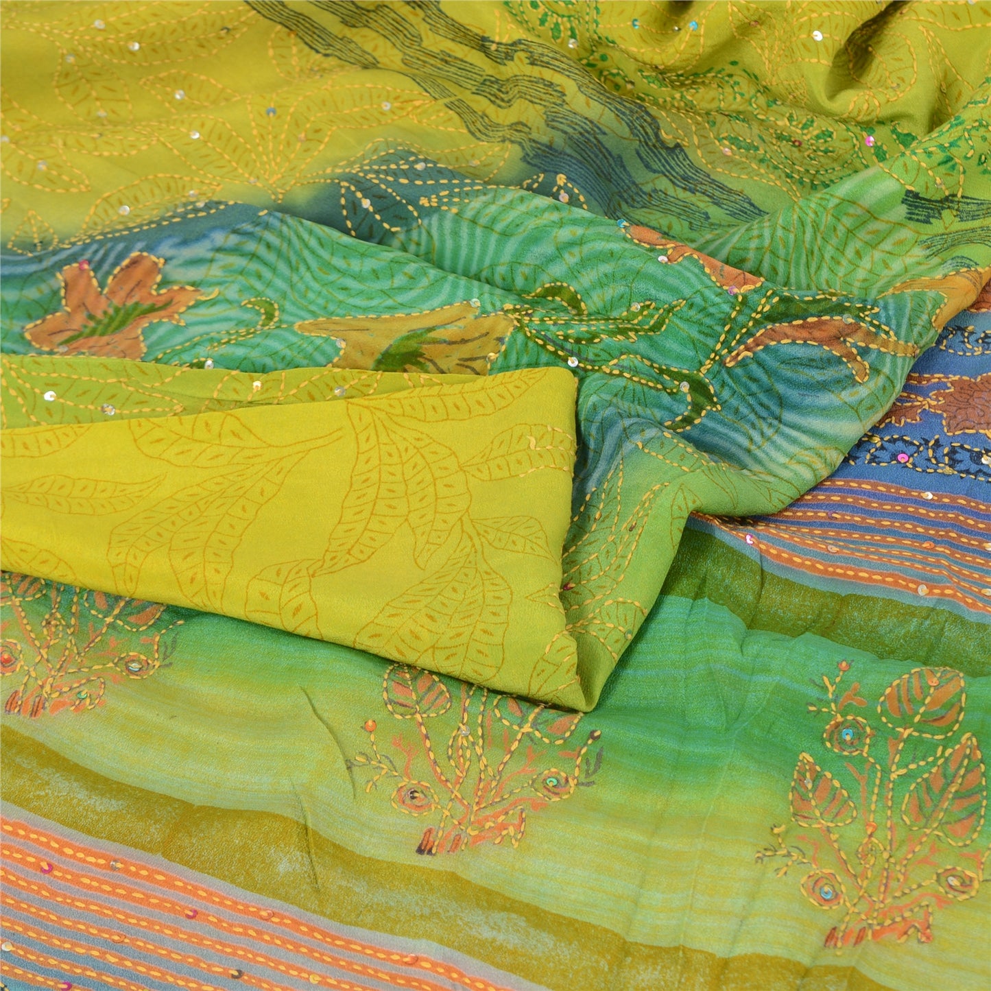 Sanskriti Vintage Sarees Green Hand Beaded Kantha Pure Crepe Printed Sari Fabric