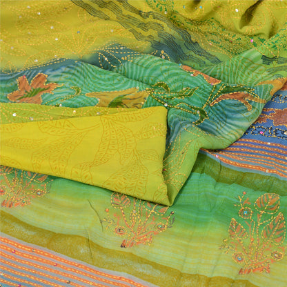 Sanskriti Vintage Sarees Green Hand Beaded Kantha Pure Crepe Printed Sari Fabric