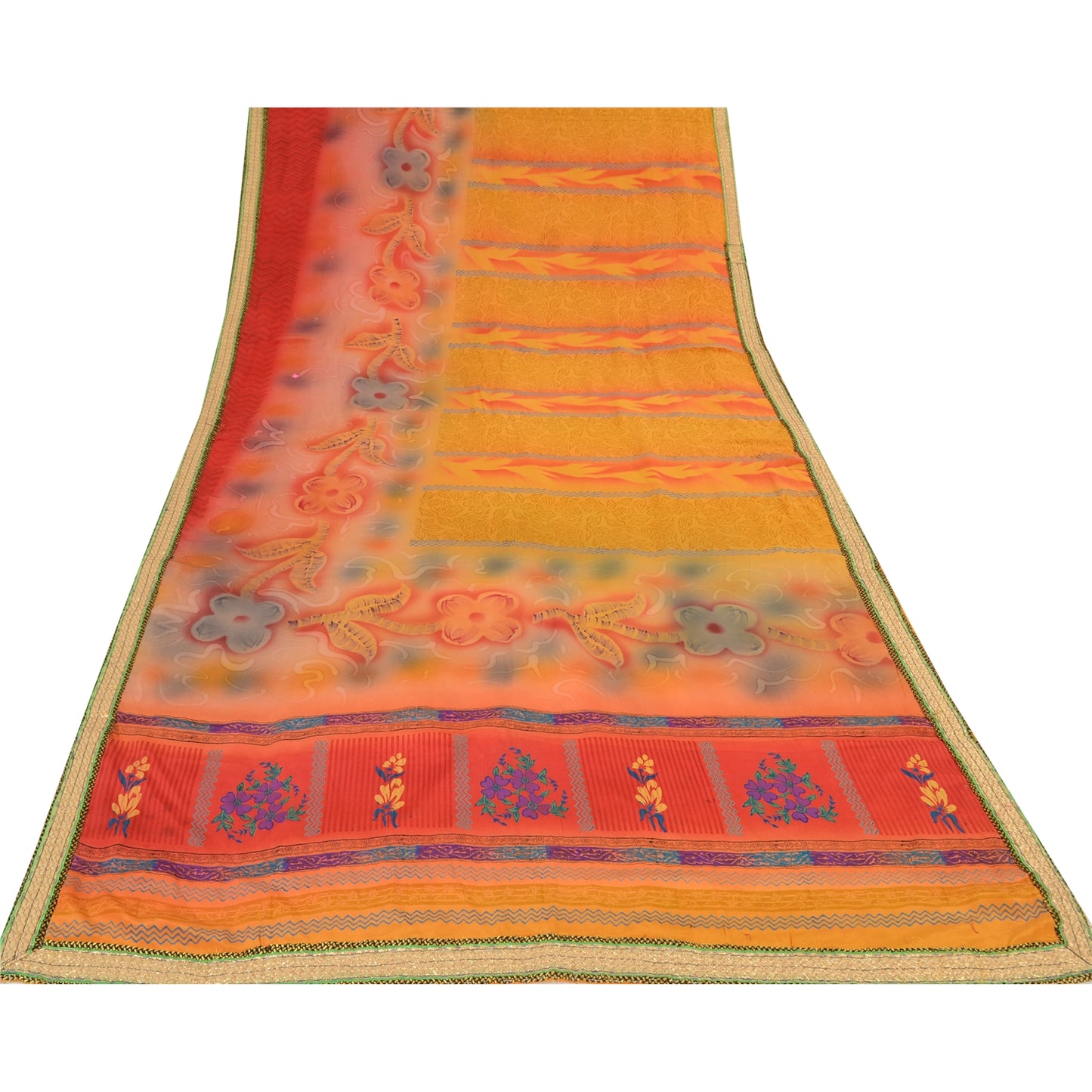 Sanskriti Vintage Sarees Multi Pure Crepe Silk Printed Sari 5yd SoftCraft Fabric