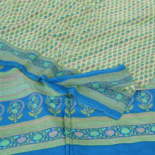 Sanskriti Vintage Sarees Ivory 100%Pure Crepe Silk Printed Sari 5yd Craft Fabric