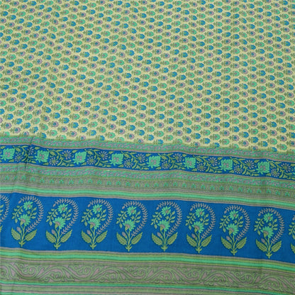 Sanskriti Vintage Sarees Ivory 100%Pure Crepe Silk Printed Sari 5yd Craft Fabric