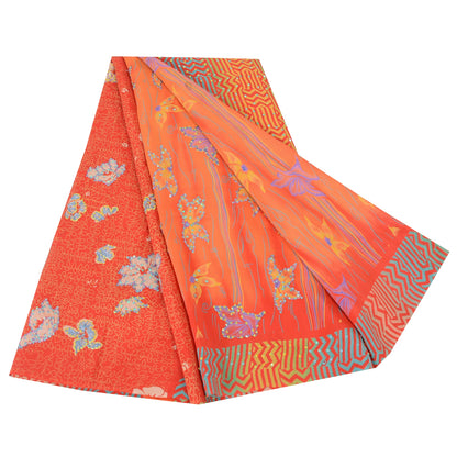 Sanskriti Vintage Sarees Orange Embroidered Pure Crepe Printed Sari 5yd Fabric