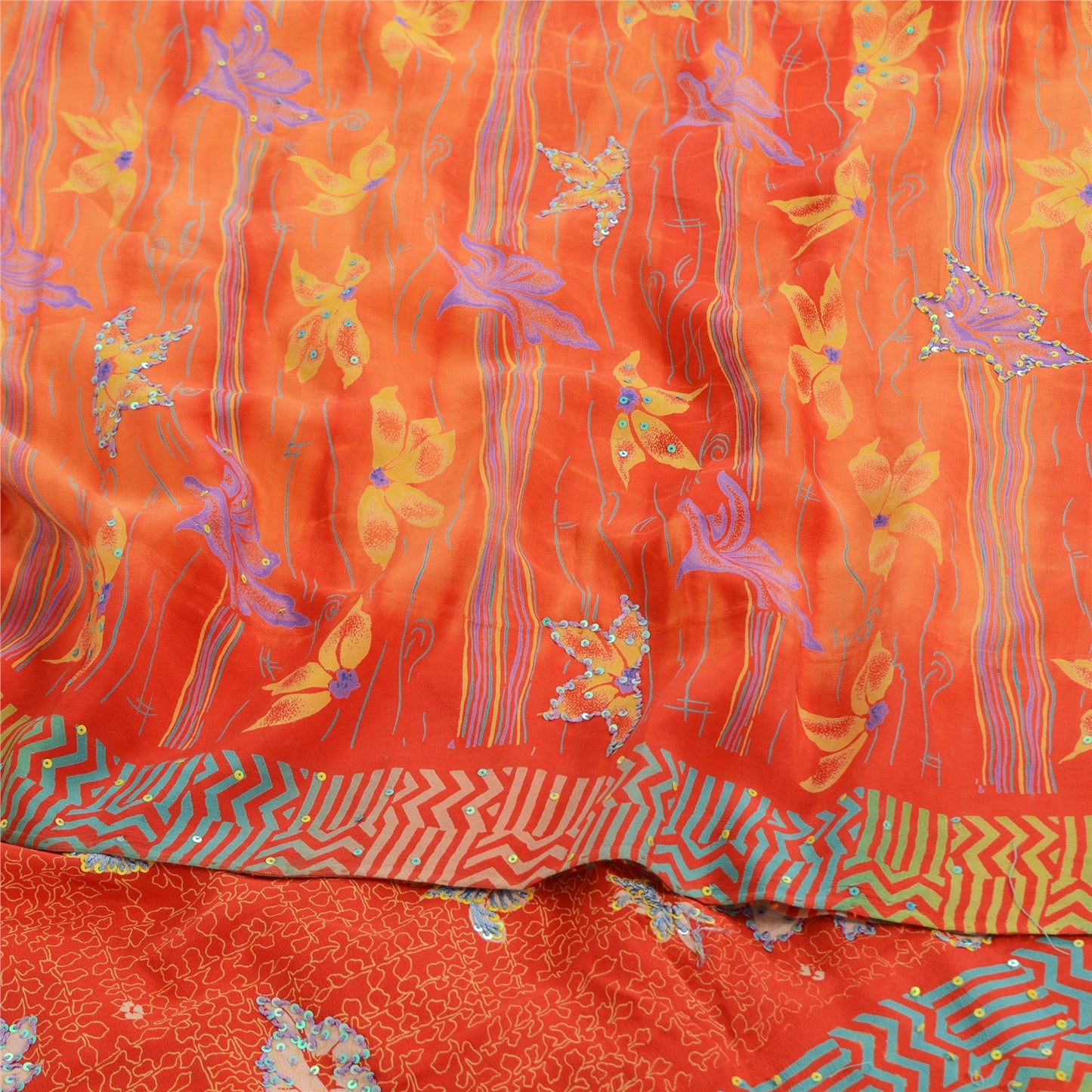 Sanskriti Vintage Sarees Orange Embroidered Pure Crepe Printed Sari 5yd Fabric