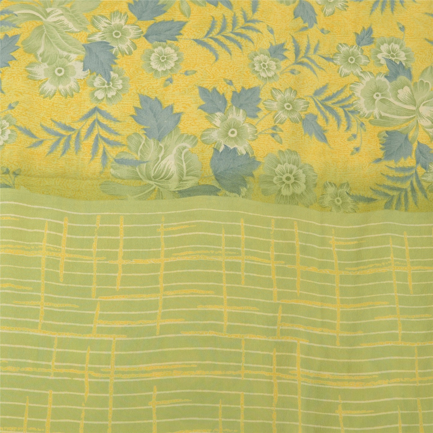 Sanskriti Vintage Sarees Lemon Green Pure Crepe Silk Print Sari 5yd Craft Fabric