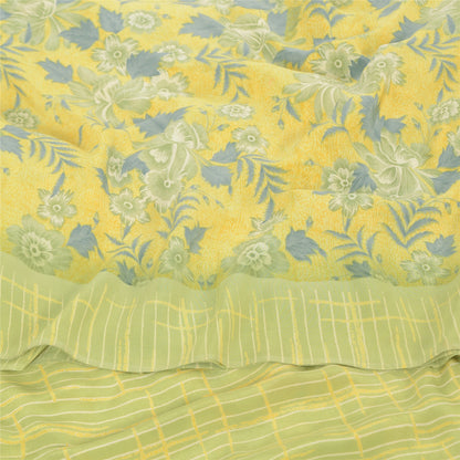 Sanskriti Vintage Sarees Lemon Green Pure Crepe Silk Print Sari 5yd Craft Fabric