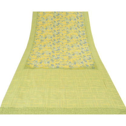 Sanskriti Vintage Sarees Lemon Green Pure Crepe Silk Print Sari 5yd Craft Fabric