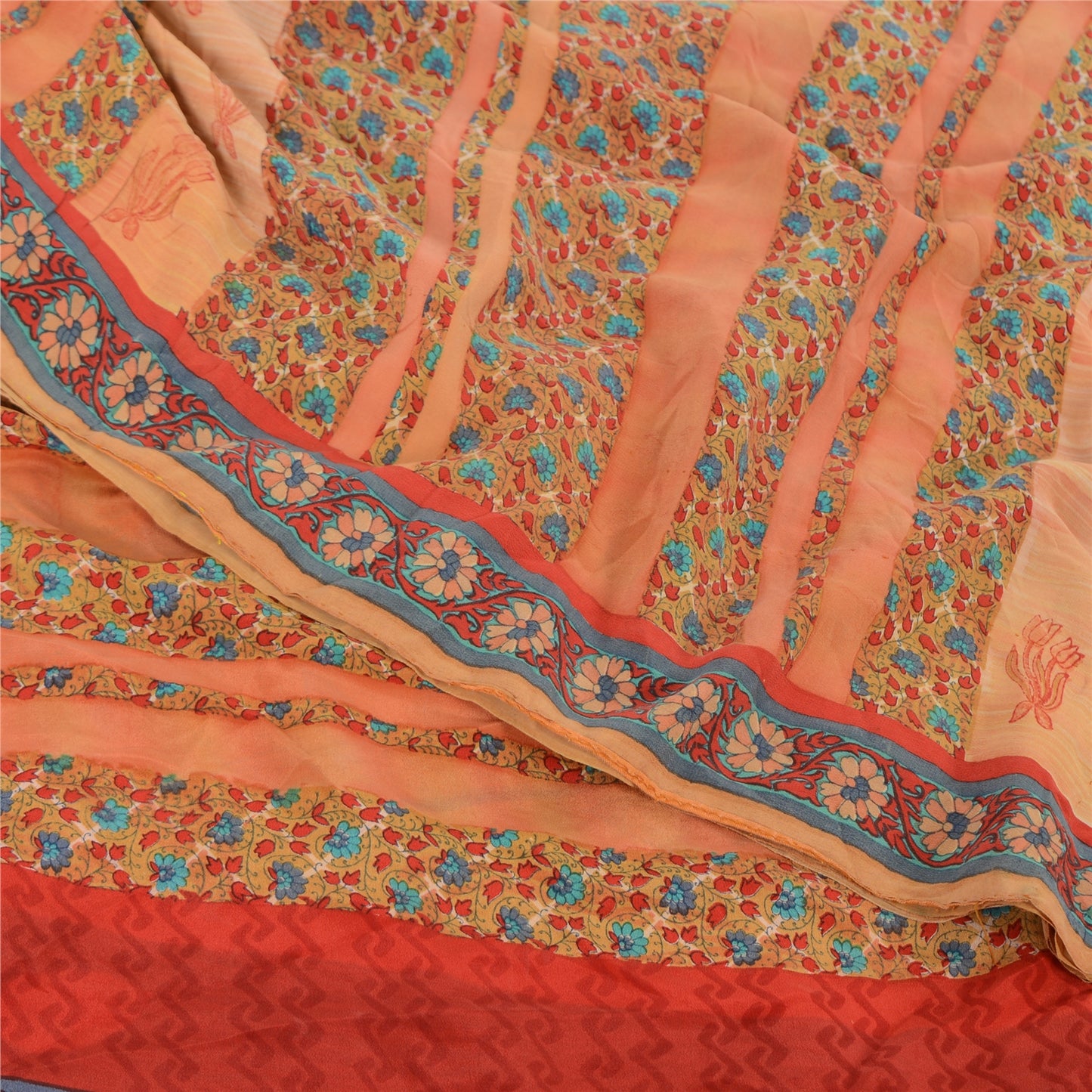 Sanskriti Vintage Sarees Peach Pure Crepe Silk Printed Sari 5yd Craft Fabric