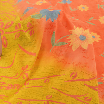 Sanskriti Vintage Sarees Pink/Yellow Pure Crepe Silk Printed Sari Craft Fabric