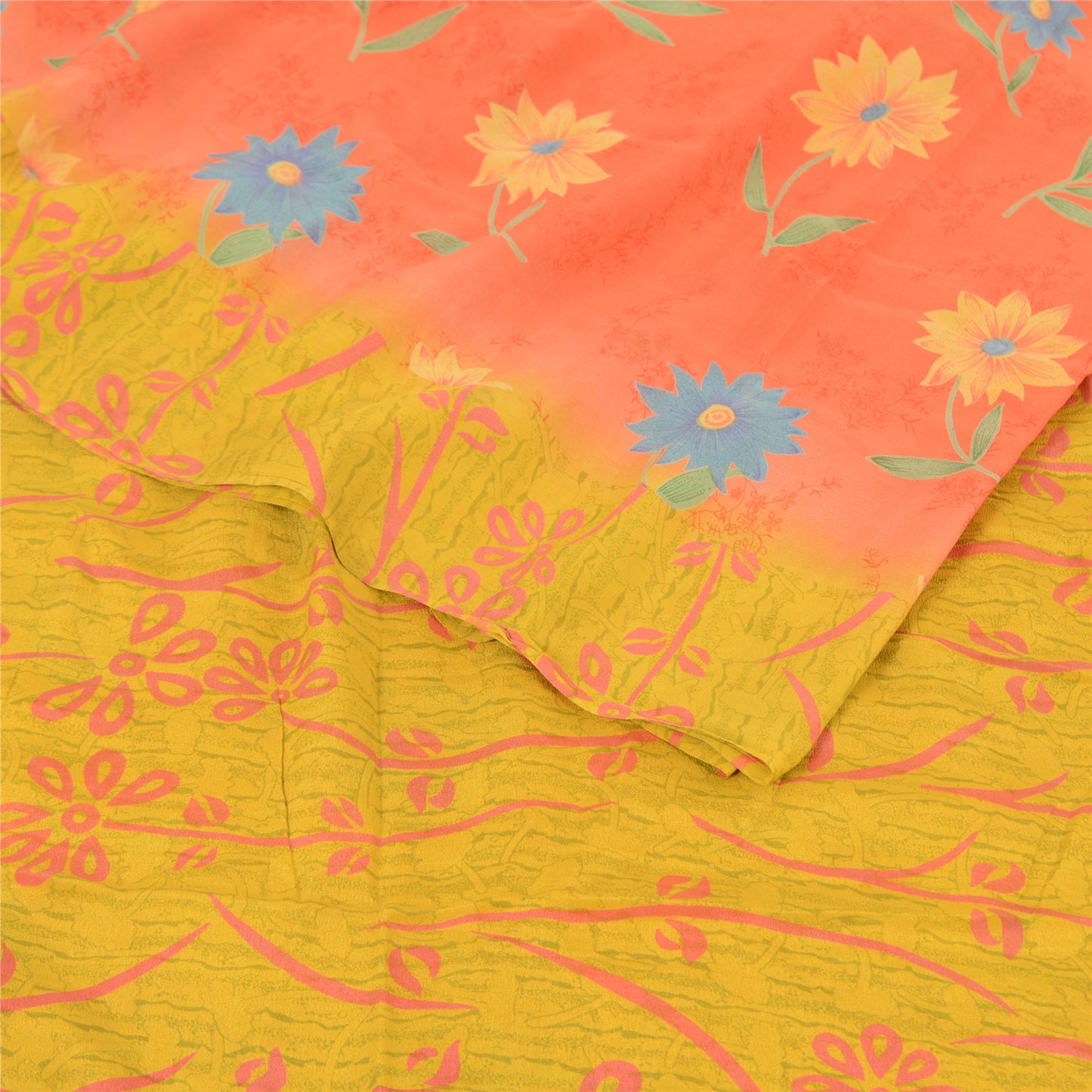 Sanskriti Vintage Sarees Pink/Yellow Pure Crepe Silk Printed Sari Craft Fabric