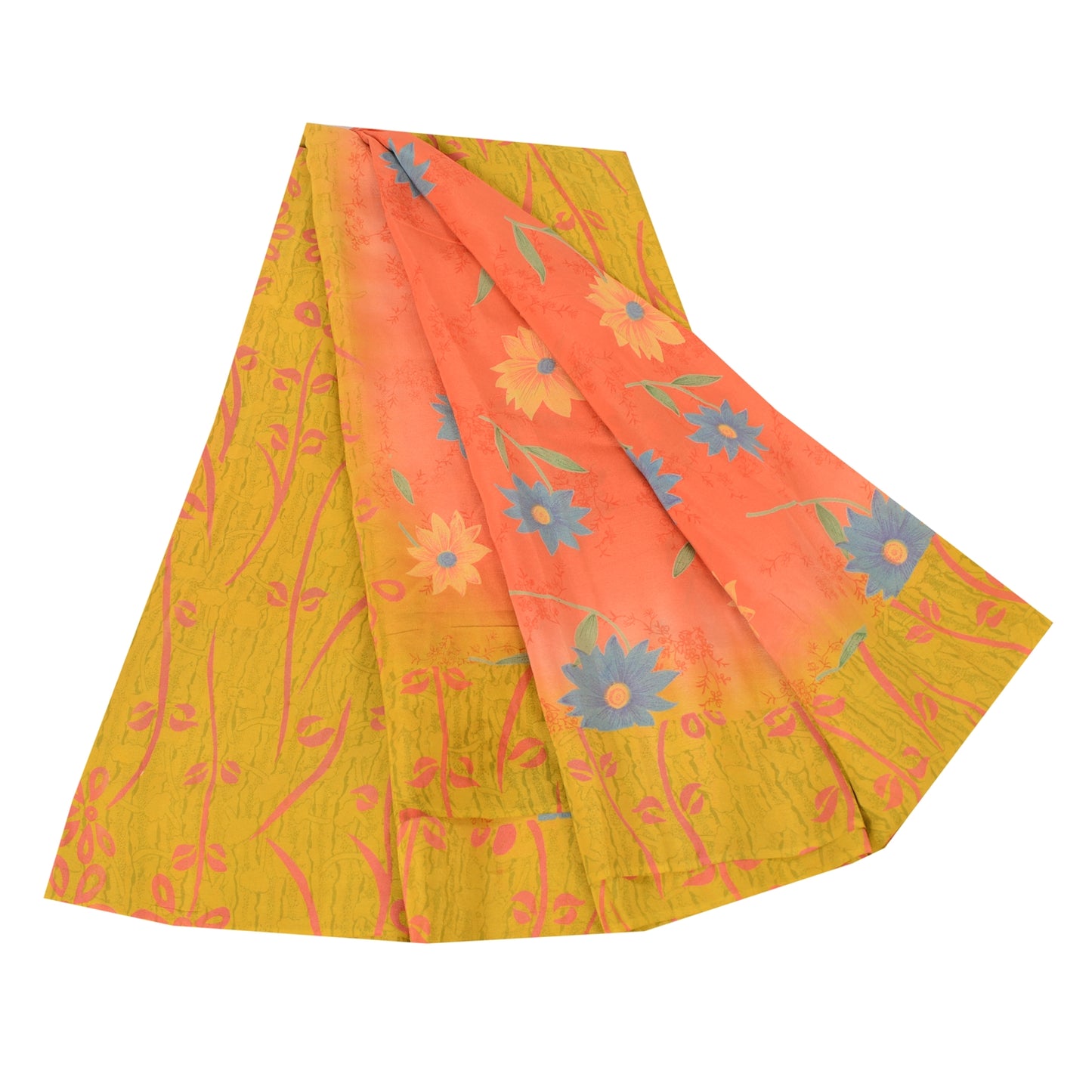 Sanskriti Vintage Sarees Pink/Yellow Pure Crepe Silk Printed Sari Craft Fabric