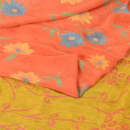 Sanskriti Vintage Sarees Pink/Yellow Pure Crepe Silk Printed Sari Craft Fabric