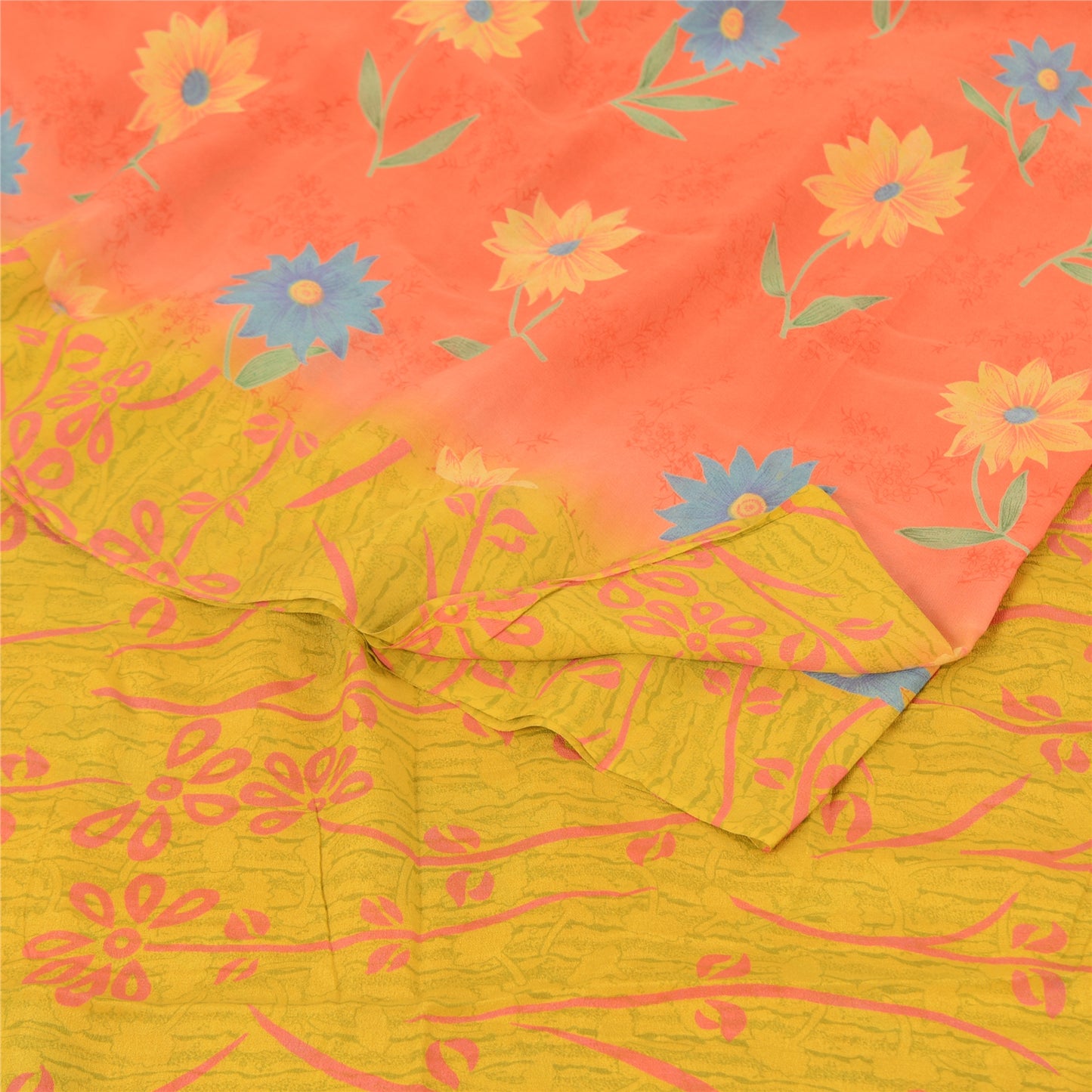 Sanskriti Vintage Sarees Pink/Yellow Pure Crepe Silk Printed Sari Craft Fabric