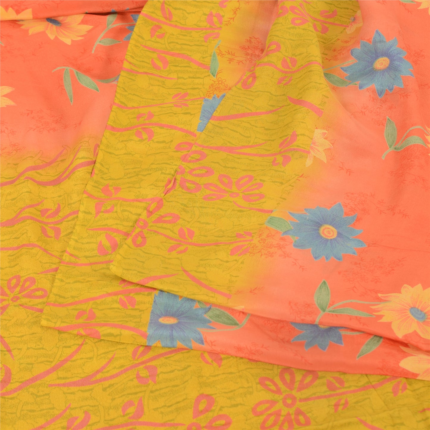 Sanskriti Vintage Sarees Pink/Yellow Pure Crepe Silk Printed Sari Craft Fabric