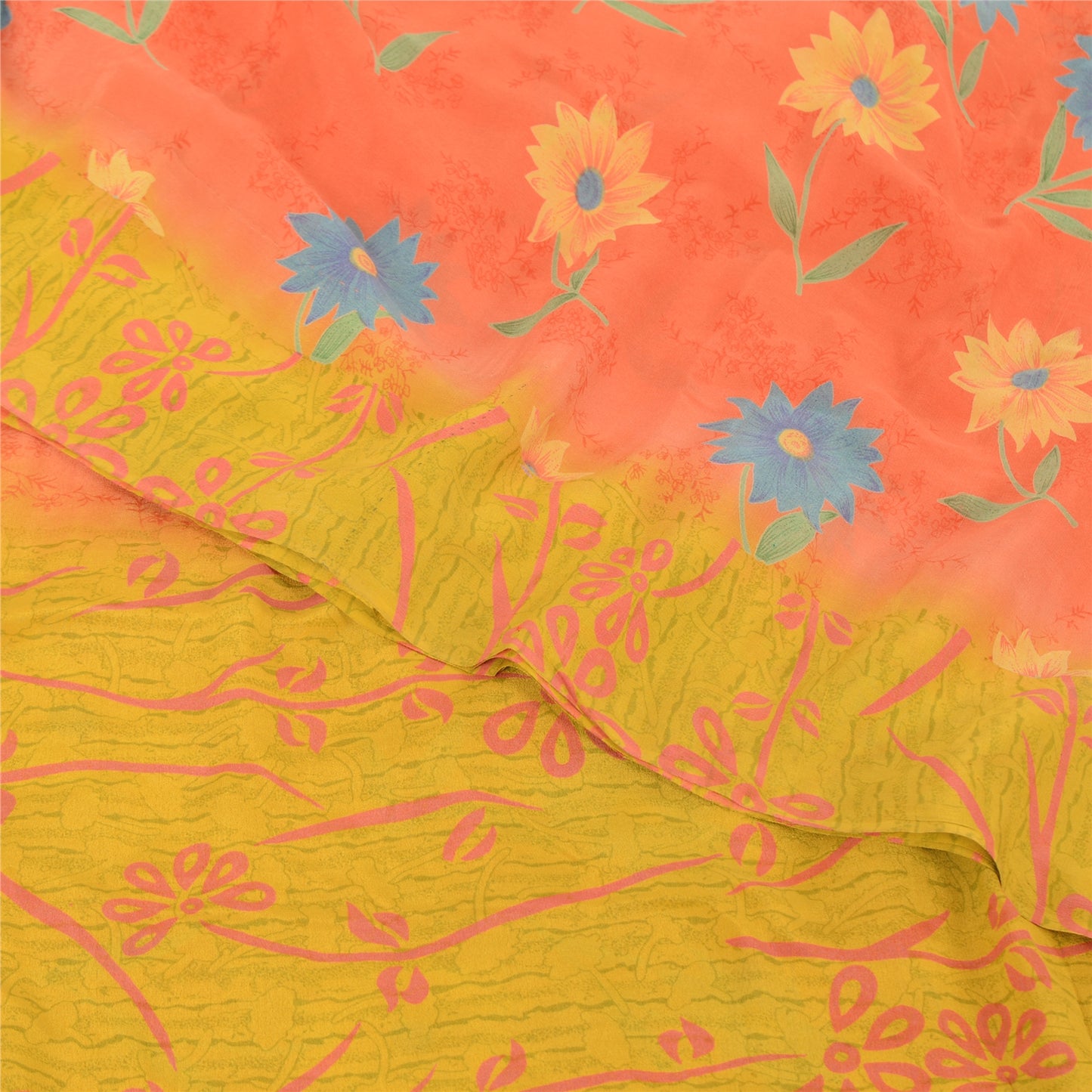 Sanskriti Vintage Sarees Pink/Yellow Pure Crepe Silk Printed Sari Craft Fabric