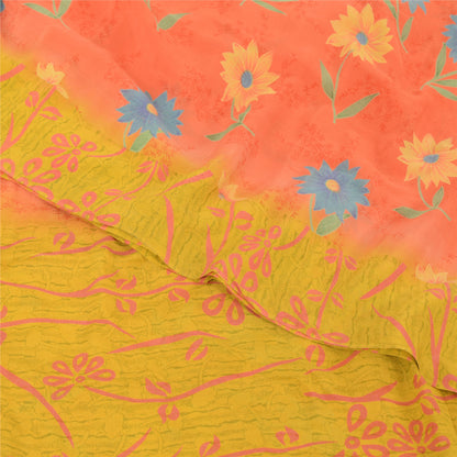 Sanskriti Vintage Sarees Pink/Yellow Pure Crepe Silk Printed Sari Craft Fabric