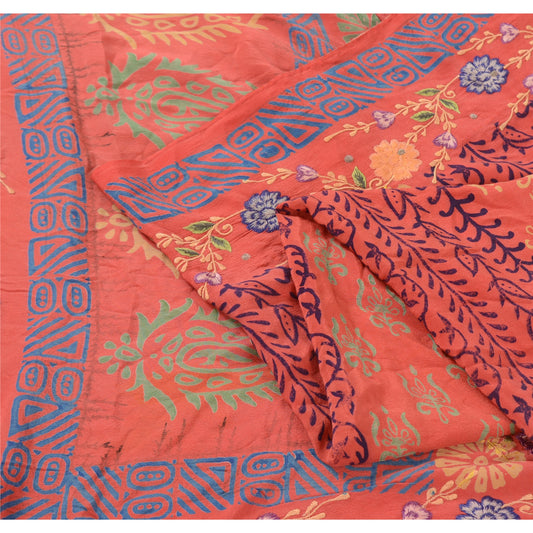 Sanskriti Vintage Sarees Coral Pink Pure Crepe Silk Print Sari 5yd Craft Fabric