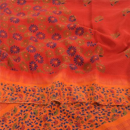 Sanskriti Vintage Sarees Red 100% Pure Crepe Silk Printed Sari 5yd Craft Fabric