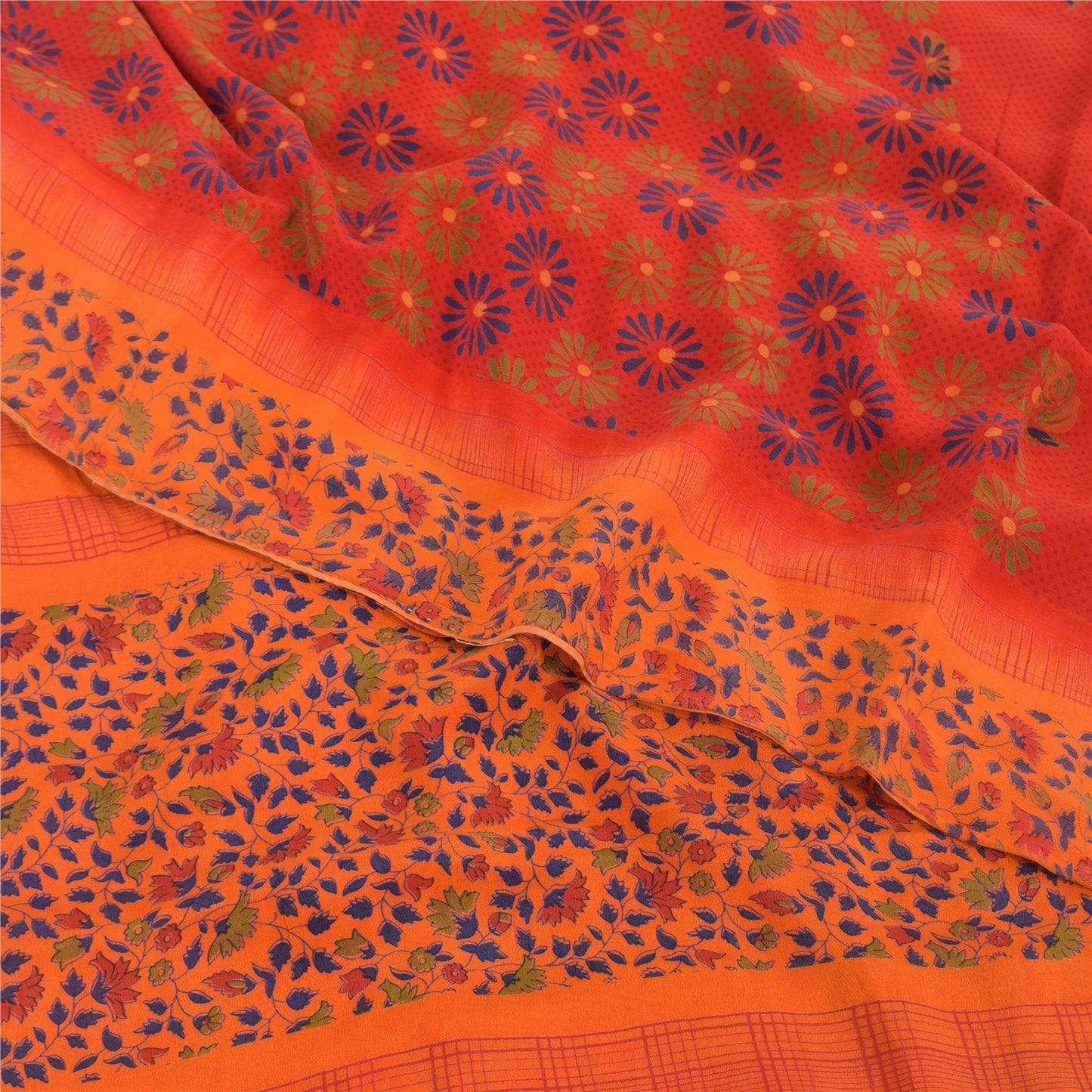 Sanskriti Vintage Sarees Red 100% Pure Crepe Silk Printed Sari 5yd Craft Fabric