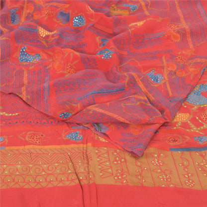 Sanskriti Vintage Sarees Red Pure Crepe Silk Embroidered Printed Sari 5yd Fabric