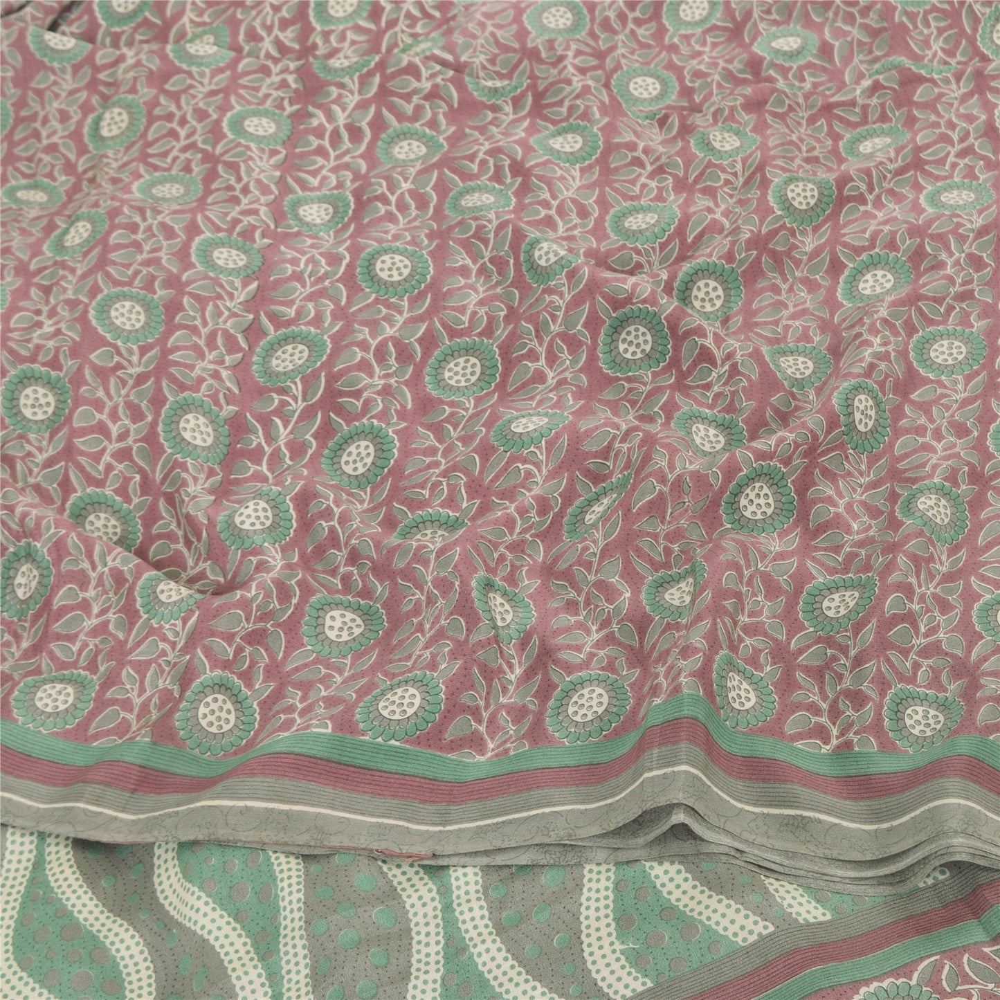 Sanskriti Vintage Sarees Dusty Red/Green Pure Crepe Silk Printed Sari 6yd Fabric