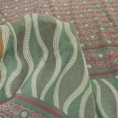 Sanskriti Vintage Sarees Dusty Red/Green Pure Crepe Silk Printed Sari 6yd Fabric