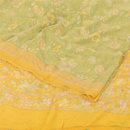 Sanskriti Vintage Sarees Green/Yellow Pure Crepe Silk Printed Sari Craft Fabric