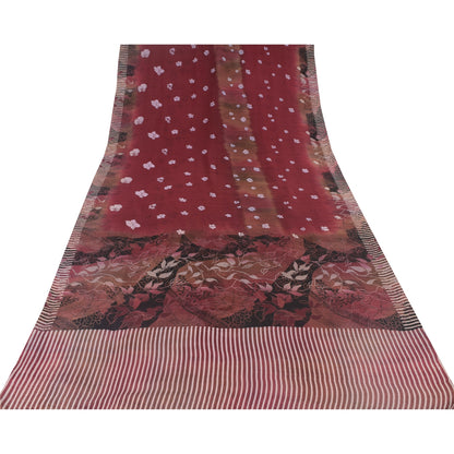 Sanskriti Vintage Sarees Dark Red Pure Crepe Silk Printed Sari 6yd Craft Fabric