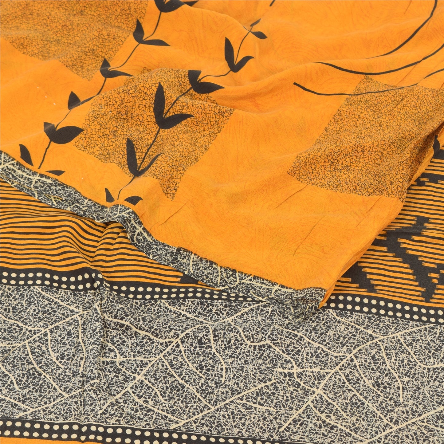 Sanskriti Vintage Sarees Yellow Pure Crepe Silk Printed Sari 5yd Craft Fabric