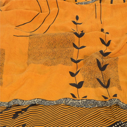 Sanskriti Vintage Sarees Yellow Pure Crepe Silk Printed Sari 5yd Craft Fabric