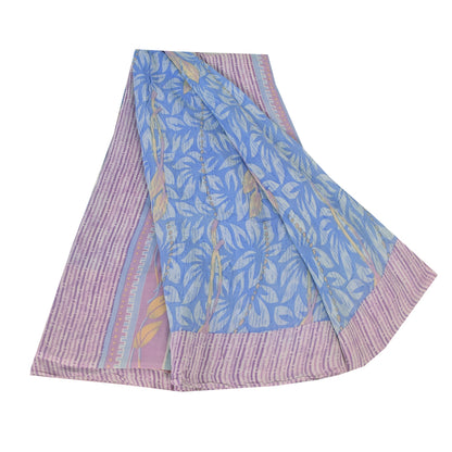 Sanskriti Vintage Sarees Blue/Pink Pure Crepe Silk Printed Sari 5yd Craft Fabric