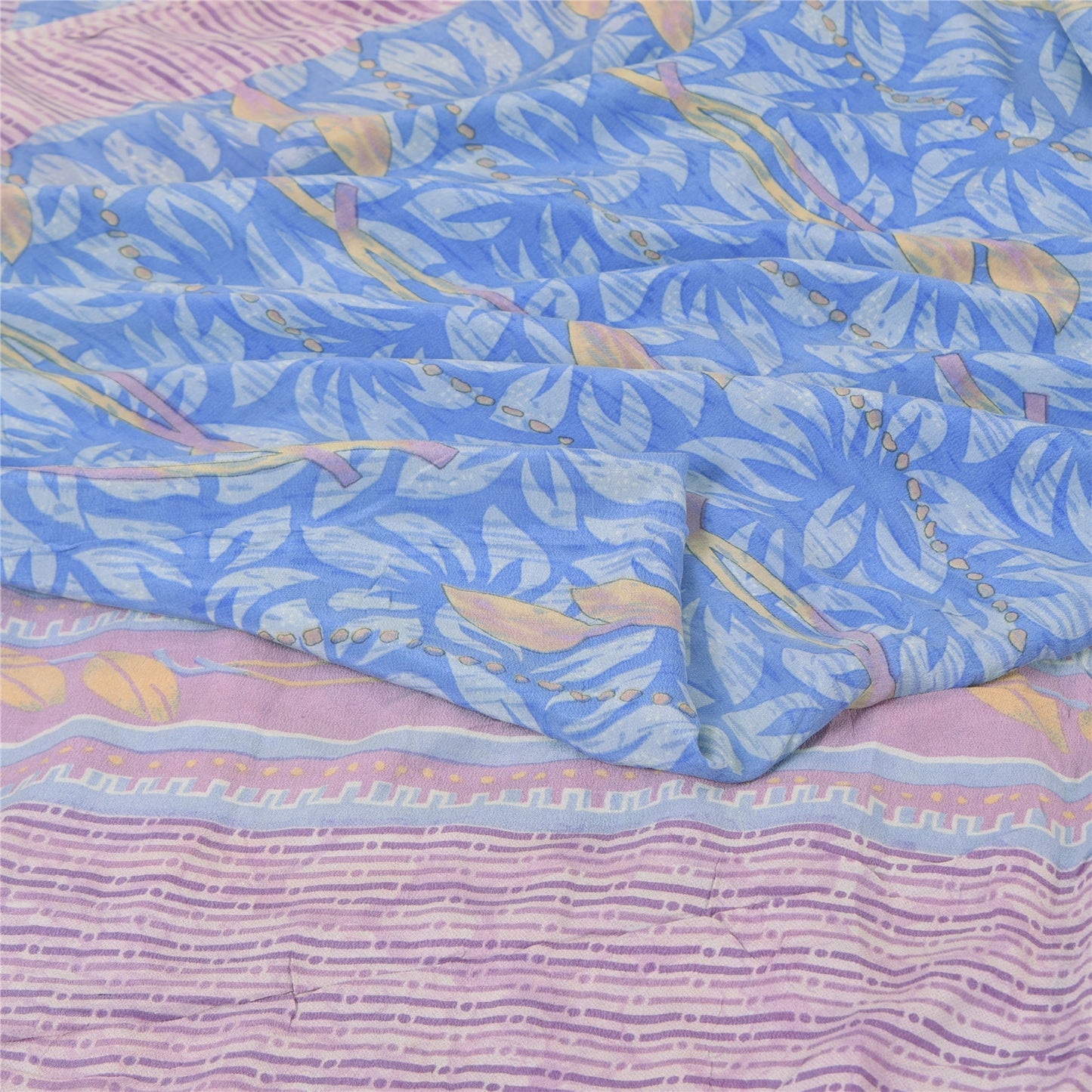 Sanskriti Vintage Sarees Blue/Pink Pure Crepe Silk Printed Sari 5yd Craft Fabric