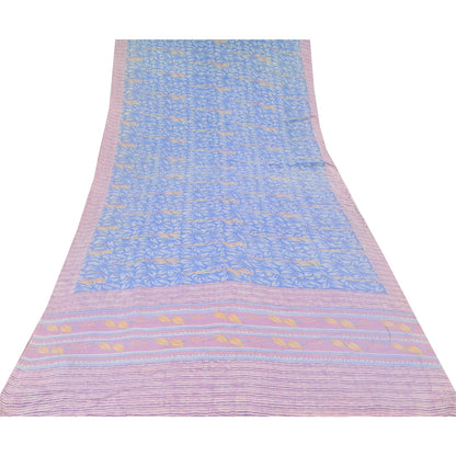 Sanskriti Vintage Sarees Blue/Pink Pure Crepe Silk Printed Sari 5yd Craft Fabric