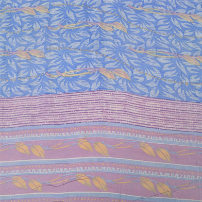 Sanskriti Vintage Sarees Blue/Pink Pure Crepe Silk Printed Sari 5yd Craft Fabric