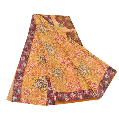 Sanskriti Vintage Sarees Saffron Pure Crepe Silk Printed Sari 5yd Craft Fabric