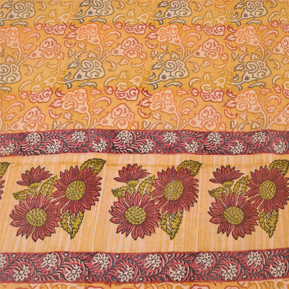 Sanskriti Vintage Sarees Saffron Pure Crepe Silk Printed Sari 5yd Craft Fabric