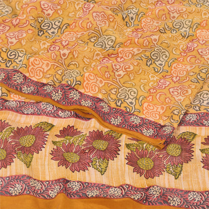 Sanskriti Vintage Sarees Saffron Pure Crepe Silk Printed Sari 5yd Craft Fabric