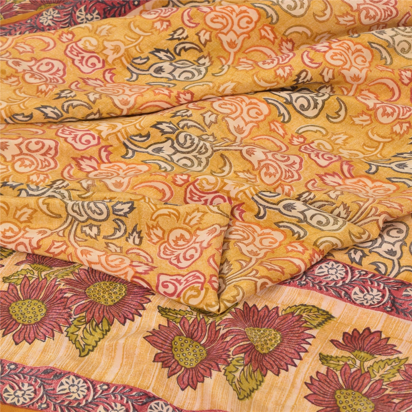 Sanskriti Vintage Sarees Saffron Pure Crepe Silk Printed Sari 5yd Craft Fabric