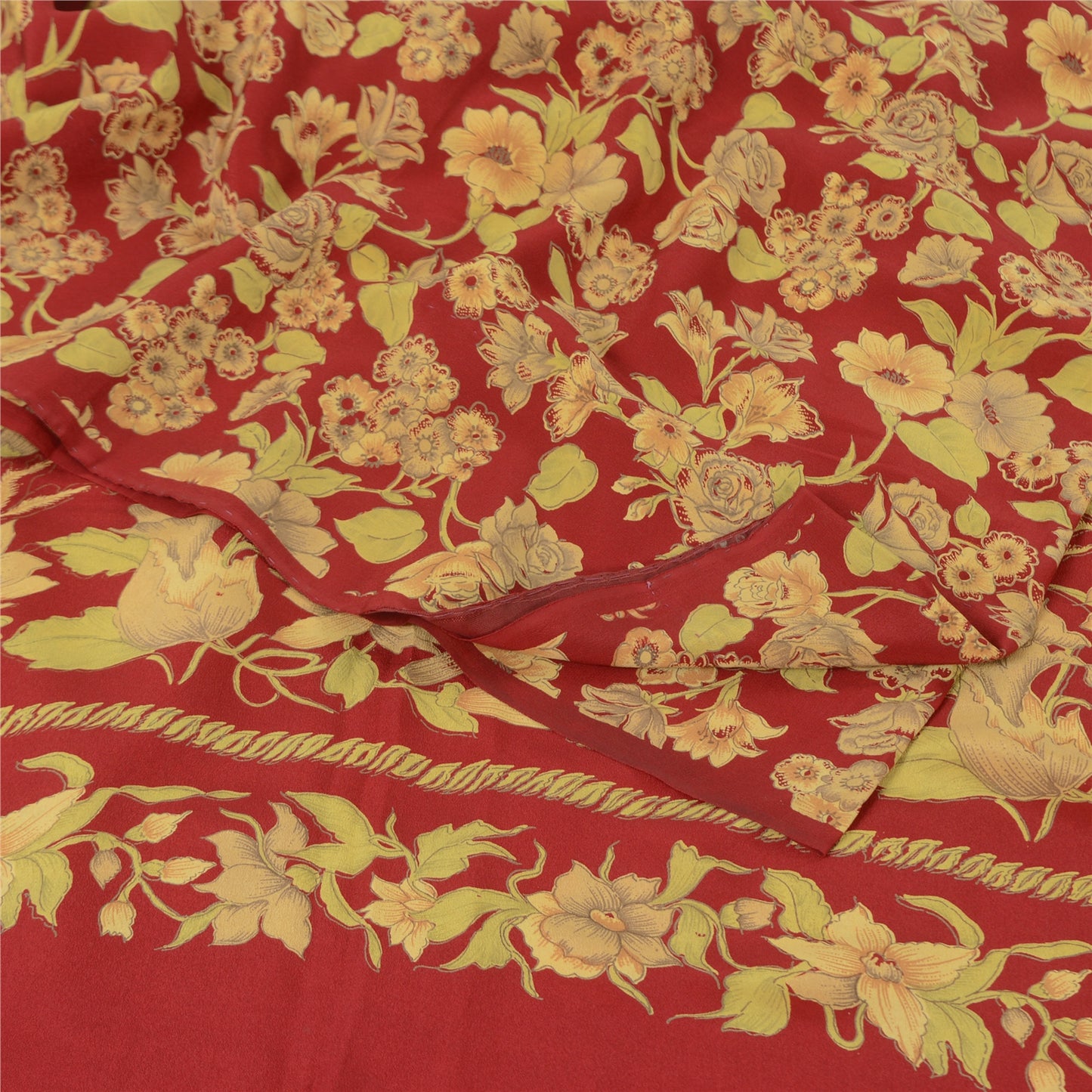 Sanskriti Vintage Sarees Red 100% Pure Crepe Silk Printed Sari 5yd Craft Fabric