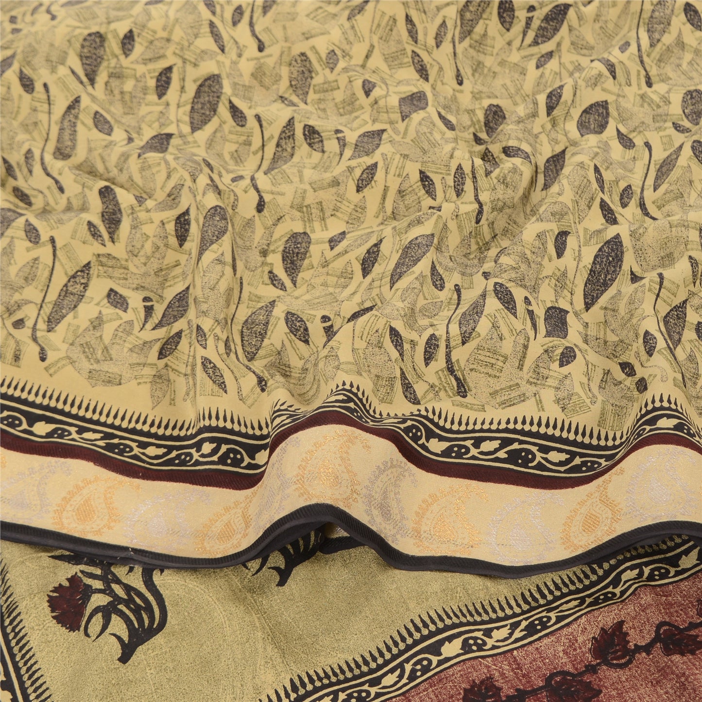 Sanskriti Vintage Sarees Beige Pure Crepe Silk Printed Sari 7yd Craft Fabric