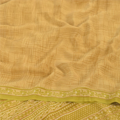 Sanskriti Vintage Sarees Green/Brown Pure Crepe Silk Print Sari 5yd Craft Fabric